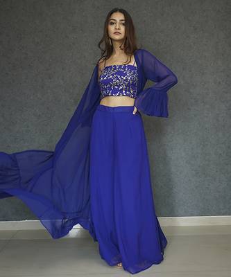 Blue georegette plain cape paired with top & pant 3