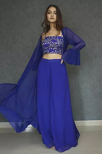 Blue georegette plain cape paired with top & pant