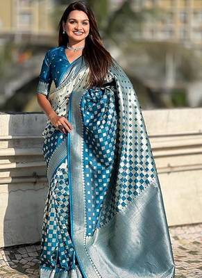 Skyblue silk blend saree with blouse 1