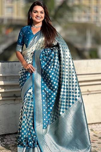 Skyblue silk blend saree with blouse