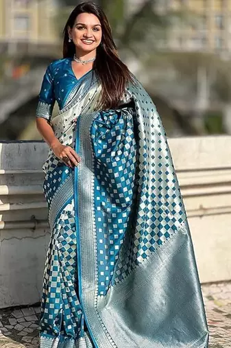 Skyblue silk blend saree with blouse