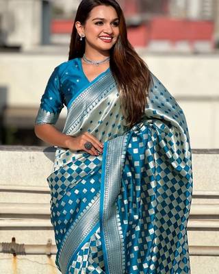 Skyblue silk blend saree with blouse 4