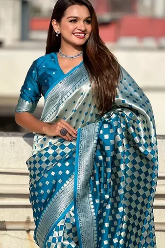 Skyblue silk blend saree with blouse
