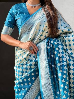 Skyblue silk blend saree with blouse 5
