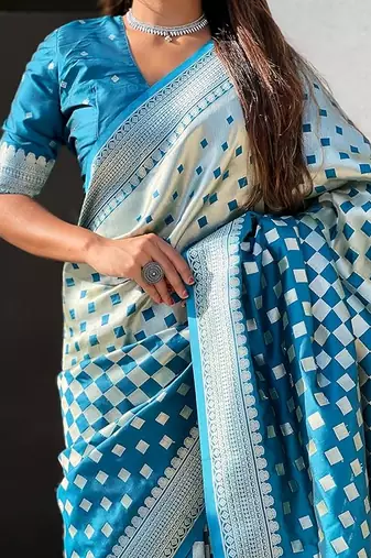 Skyblue silk blend saree with blouse