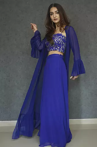 Blue georegette plain cape paired with top & pant