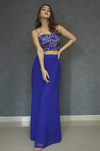 Blue georegette plain cape paired with top & pant