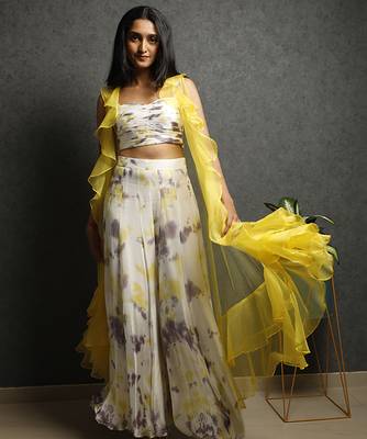 White georegette printed cape paired with top & pant 2