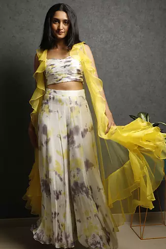 White georegette printed cape paired with top & pant