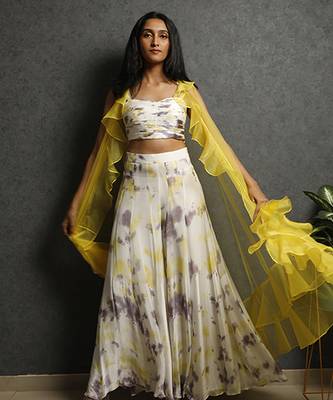 White georegette printed cape paired with top & pant 3