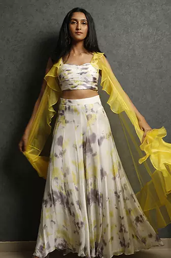 White georegette printed cape paired with top & pant