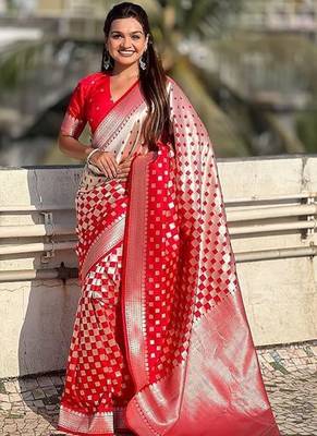 Red silk blend saree with blouse 1