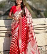 Red silk blend saree with blouse