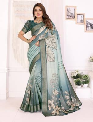 Teal soft tissue silk floral digital printed saree with zari jacquard weaving border 1