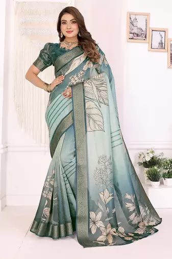 Teal soft tissue silk floral digital printed saree with zari jacquard weaving border