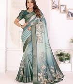 Teal soft tissue silk floral digital printed saree with zari jacquard weaving border