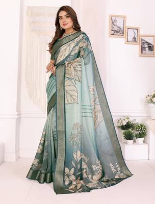 Teal soft tissue silk floral digital printed saree with zari jacquard weaving border 2