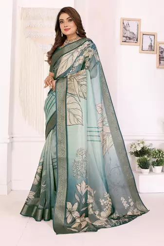 Teal soft tissue silk floral digital printed saree with zari jacquard weaving border