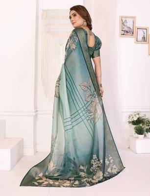 Teal soft tissue silk floral digital printed saree with zari jacquard weaving border 3
