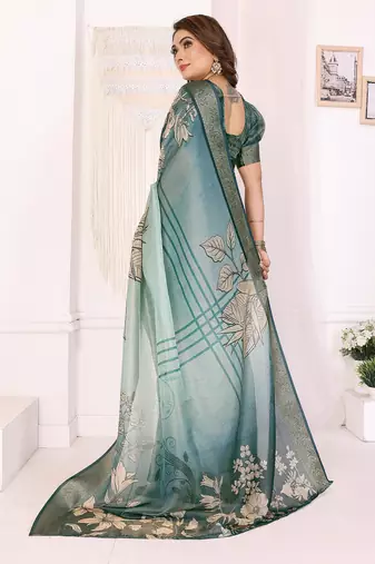 Teal soft tissue silk floral digital printed saree with zari jacquard weaving border