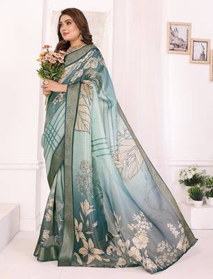 Teal soft tissue silk floral digital printed saree with zari jacquard weaving border 4
