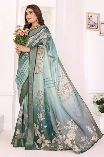 Teal soft tissue silk floral digital printed saree with zari jacquard weaving border