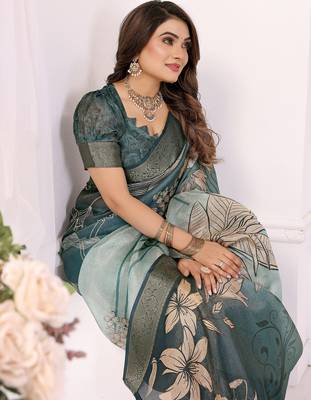 Teal soft tissue silk floral digital printed saree with zari jacquard weaving border 5