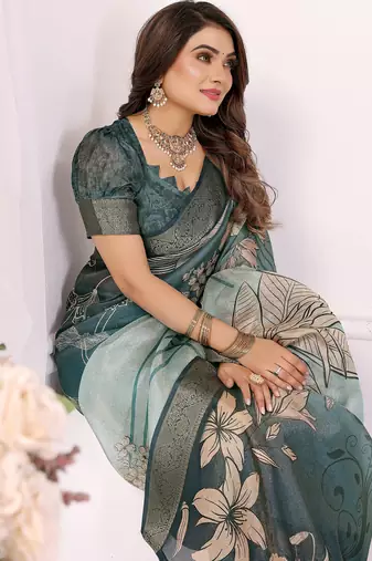 Teal soft tissue silk floral digital printed saree with zari jacquard weaving border