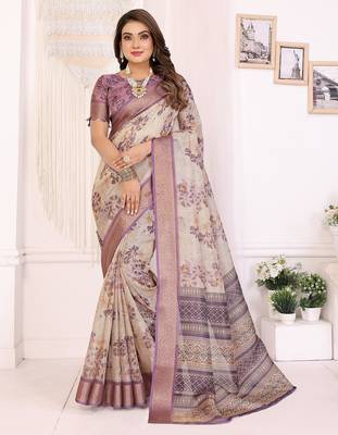 Lavender  soft tissue silk floral digital printed saree with zari jacquard weaving border 1