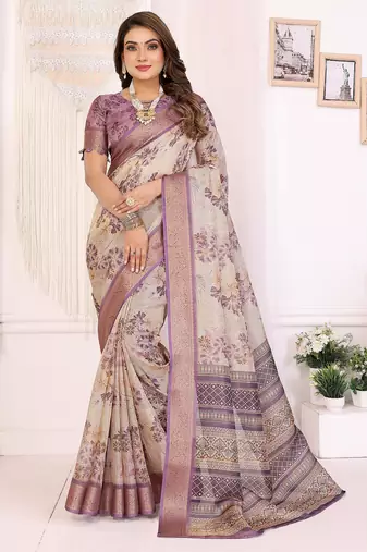 Lavender  soft tissue silk floral digital printed saree with zari jacquard weaving border