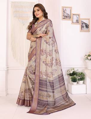Lavender  soft tissue silk floral digital printed saree with zari jacquard weaving border 2