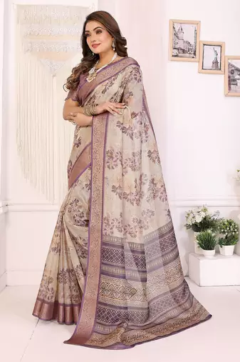 Lavender  soft tissue silk floral digital printed saree with zari jacquard weaving border