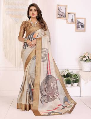 Beige soft tissue silk digital art printed saree with zari jacquard weaving border 1