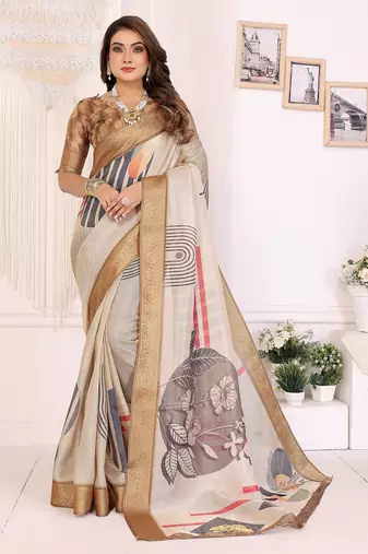 Beige soft tissue silk digital art printed saree with zari jacquard weaving border