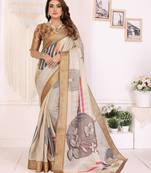 Beige soft tissue silk digital art printed saree with zari jacquard weaving border