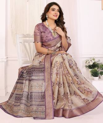 Lavender  soft tissue silk floral digital printed saree with zari jacquard weaving border 3