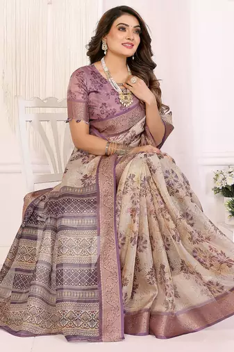 Lavender  soft tissue silk floral digital printed saree with zari jacquard weaving border