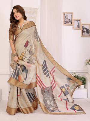 Beige soft tissue silk digital art printed saree with zari jacquard weaving border 2