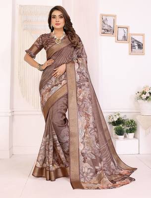 Primarily brown soft tissue silk floral digital printed saree with zari jacquard weaving border 1