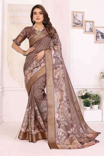 Primarily brown soft tissue silk floral digital printed saree with zari jacquard weaving border