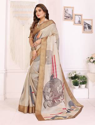 Beige soft tissue silk digital art printed saree with zari jacquard weaving border 3