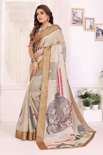 Beige soft tissue silk digital art printed saree with zari jacquard weaving border