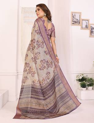 Lavender  soft tissue silk floral digital printed saree with zari jacquard weaving border 4