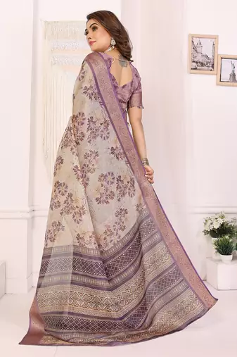 Lavender  soft tissue silk floral digital printed saree with zari jacquard weaving border