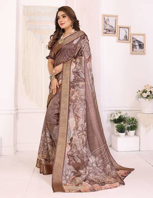 Primarily brown soft tissue silk floral digital printed saree with zari jacquard weaving border 2