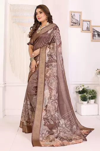 Primarily brown soft tissue silk floral digital printed saree with zari jacquard weaving border