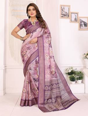 Dusty purple soft tissue silk floral digital printed saree with zari jacquard weaving border 1