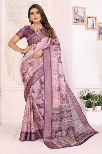 Dusty purple soft tissue silk floral digital printed saree with zari jacquard weaving border