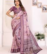 Dusty purple soft tissue silk floral digital printed saree with zari jacquard weaving border