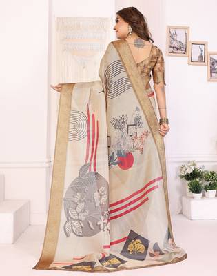 Beige soft tissue silk digital art printed saree with zari jacquard weaving border 4